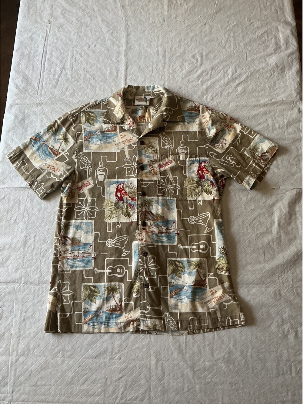 Margaritaville Men’s M Button Up Shirt Jimmy Buffet Tan It’s 5 O’Clock Somewhere